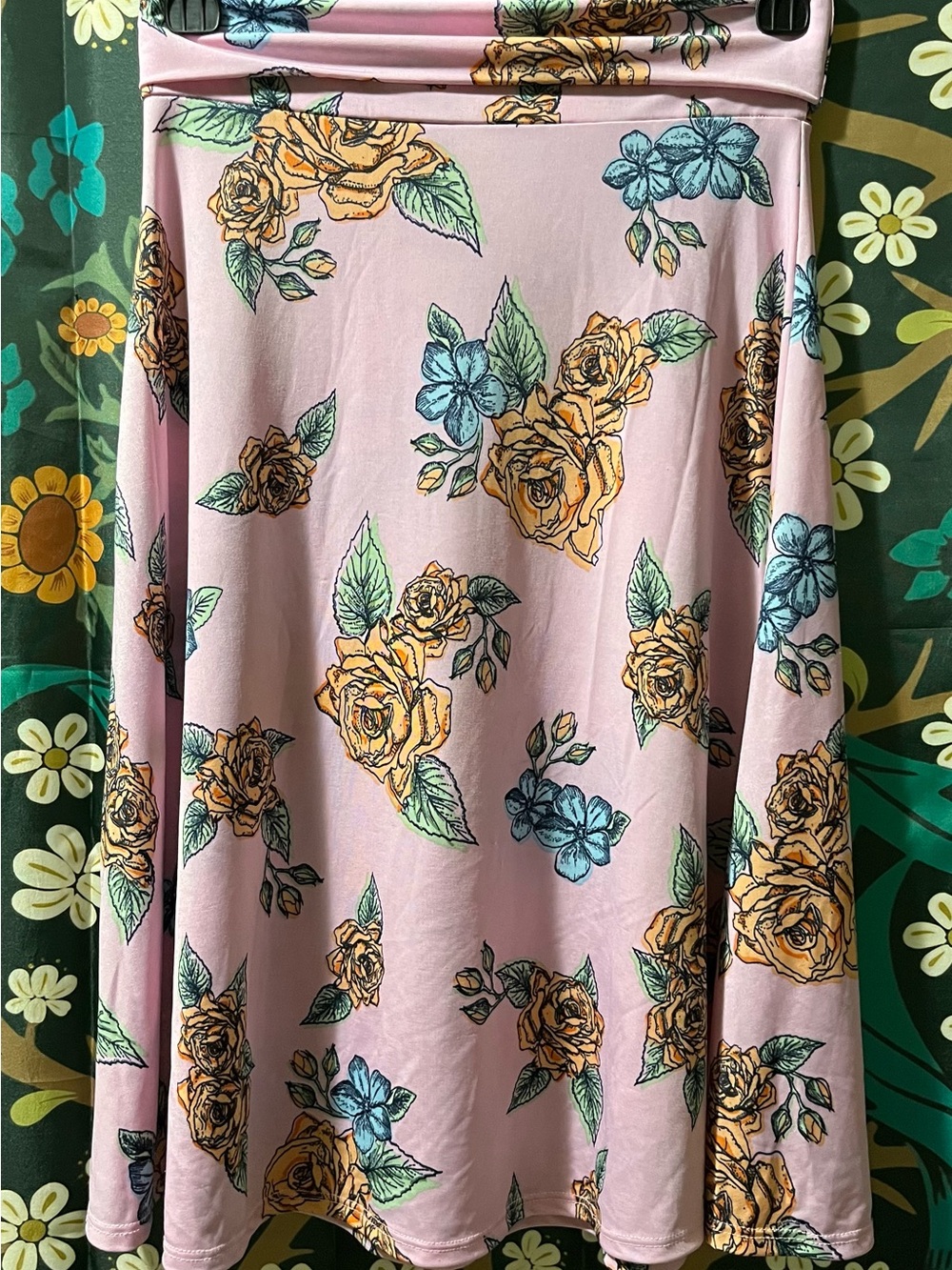 LuLaRoe Pink Skirt with Yellow Rose and Blue Floral Print